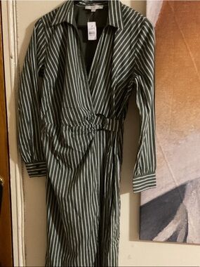 LOFT Green and White Striped Long Sleeve Wrap Dress